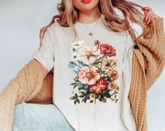 Maglietta Boho con fiori selvatici in stile Cottagecore, regalo per lei, magliette Whimsigoth con piante, maglietta floreale, regalo per donna, maglietta Boho con fiori selvatici alla moda
