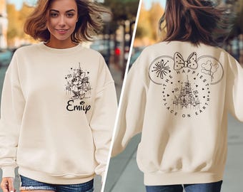 Benutzerdefinierte Minnie Schloss Sweatshirt, der glücklichste Ort auf Erden Sweatshirt, Disneyland Urlaub, Disney Familienausflug, Magic Kingdom, Disney Shirt