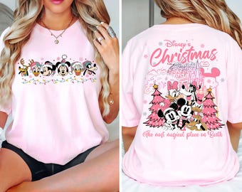 Retro 2-Sided Disney Christmas Pink Lights Shirt, Cute Mickey And Friends Xmas Tshirt, Disney Mickey's Very Merry Christmas Sweatshirt,Santa