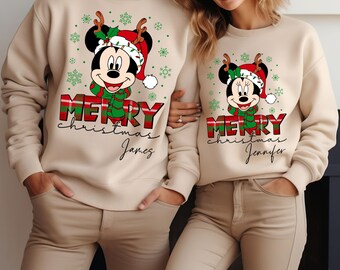 Bluza z nadrukiem rodzinnym, spersonalizowana świąteczna koszulka Disney, świąteczna koszulka Myszki Miki i Minnie, świąteczny prezent dla rodziny