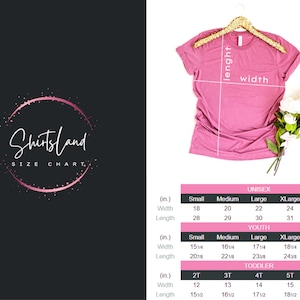 May include: A pink t-shirt displayed on a hanger, with measurements labeled 'length' and 'width'. A size chart for unisex, youth, and toddler sizes is included, with measurements in inches. The brand name is 'Shirtsland'.