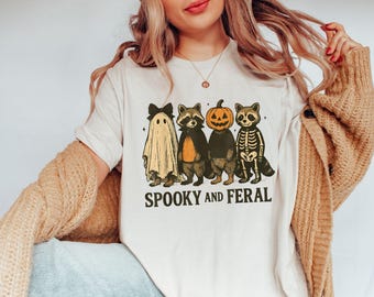 Spooky and Feral Raccoon Shirt, Funny Halloween Raccoon Shirt, Cute Trendy Womens Halloween T-Shirt, Vintage Fall Tshirt, Gift for Halloween