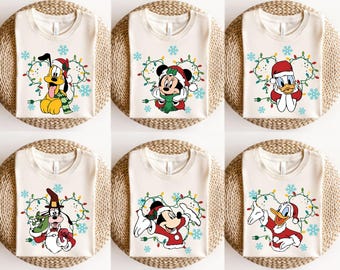 Camiseta navideña con luces de Disney, camisetas familiares a juego de Mickey, Minnie, Donald, Daisy, Goofy y Pluto, camiseta navideña de Disneyland, camiseta navideña de WDW