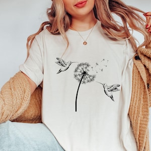 Cute Dandelion Hummingbird T-Shirt, Cute Hummingbird Dandelion Shirt, Nature Lovers Tee, Cute Women Gift, Gift for Women Shirt, Gift for Her