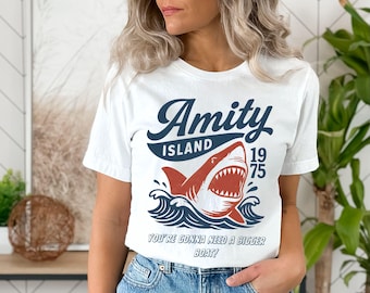 Jaws Amity Island 1975 Unisex Tee, Movie Inspired Gift, Cotton T-Shirt for Film Buffs, Retro Summer Shirt, Vintage Beach Tee, Positive Shirt