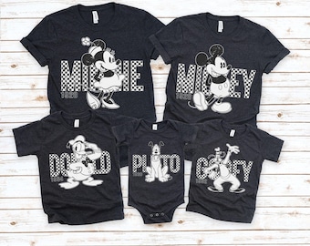 Vintage Disney alle Charaktere kariert Signature Shirt, Micky und Freunde Shirt, Disney Familien Reise Shirts, Disney passende Urlaub Shirt