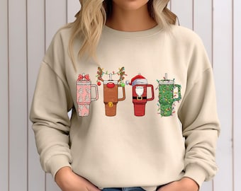 Christmas Thermos Coffee Sweatshirt, Christmas Drinks Lights T-Shirt, Coffee Lover Santa Gift, Christmas Reindeer Tee, Gift For Christmas