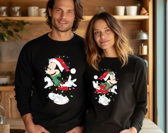 Mickey and Minnie Mouse Disney Couples Christmas Lights Sweatshirt, Mickey's Very Merry Xmas Party Shirt, Disneyland Vacation Holiday Gift