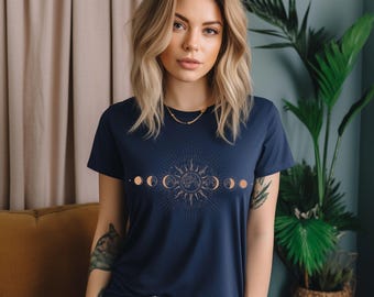 Koszulka Celestial, Koszulka z fazami księżyca, Koszulka z mistycznym księżycem i słońcem w stylu boho, Strój boho z księżycem, Duchowy księżyc, Prezent dla kobiet, Modna koszulka