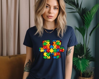 Camiseta colorida con rompecabezas de autismo, camiseta con autismo, camiseta para mamá con autismo, camiseta con rompecabezas, camiseta con rompecabezas de autismo, camiseta de concienciación sobre el autismo, camiseta de mamá orgullosa