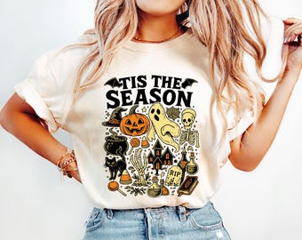 Camiseta vintage de Halloween, camiseta retro "Tis The Season", esqueleto, calabaza, fantasma, Halloween Y2K, regalo de Halloween de otoño, camiseta para mujer