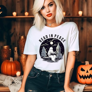 Halloween Read In Peace Shirt,Halloween Ghost Reading Shirts,Funny Halloween T-Shirt,Book Lover Halloween Gift,Spooky Season Shirt,Ghost Tee