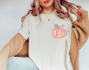 Coquette Fall Shirt, Fall Pumpkin Coquette Bow T-Shirt, Coquette Halloween Shirt, Women Pumpkin Patch Crew Tees, Halloween Pumpkin Fall Tee