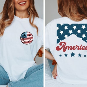 Camiseta americana, vermelha, branca e azul, com dois lados, camiseta com estampa de 4 de julho, camiseta dos EUA, camiseta com estampa de churrasco de verão, moletom feminino com estampa de 4 de julho e estampa da liberdade