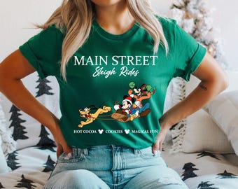 Camisetas navideñas de Disney, camiseta de Disneyworld, paseos en trineo por Main Street, camiseta navideña, camisetas a juego para viajes de vacaciones a Disneyland, regalo de Disney