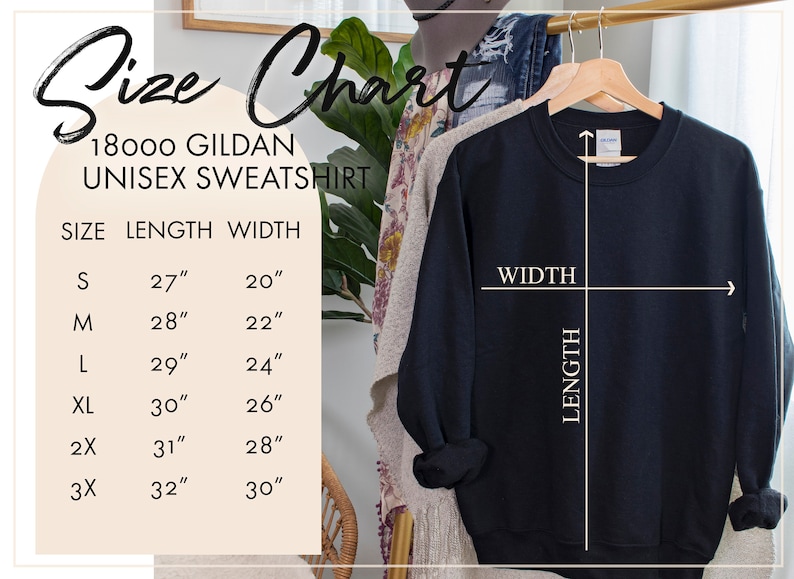 May include: Size chart for a unisex sweatshirt. The chart shows the length and width in inches for sizes S, M, L, XL, 2X, and 3X. A black sweatshirt is hanging on a hanger.