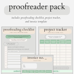 Freelancer Resources pack. Proofreading checklist, project tracker, invoice template. Immediate digital download.