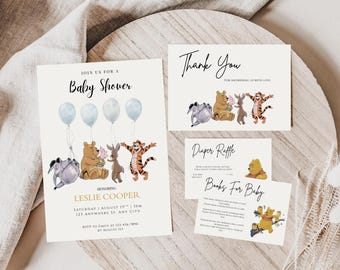Winnie the Pooh First Birthday Invitation Bundle, Editable Winnie The Pooh 1st Birthday Party Invite, Editable & Printable Invite