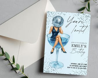 Editable Disco Birthday Invitation Canva Template, Retro Cocktail Glass Invite, Groovy Party Printable, Trendy Disco Ball Girl Invite