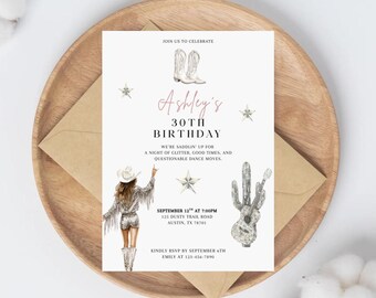 Disco Cowgirl Birthday Invitation Template – Editable Canva Western Rodeo Party Invite –Cowgirl Boots Country Birthday Printable