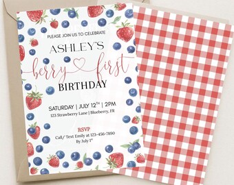Plantilla de invitación para primer cumpleaños de bayas, invitación editable de cumpleaños de bayas, fresas de Evite, descarga digital de invitación para primer cumpleaños de bayas
