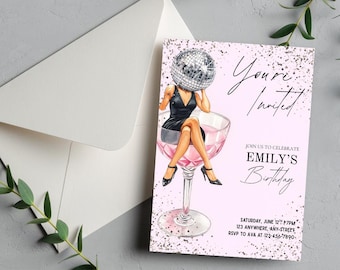 Editable Disco Birthday Invitation Canva Template, Retro Cocktail Glass Invite, Groovy Party Printable, Trendy Disco Ball Girl Invite