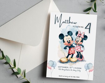 Disney Birthday Invitation Card,Magical Disney Theme,Watercolor Mickey Mouse,Mickey and friends Birthday Invite,Minnie Mouse Bday invitation