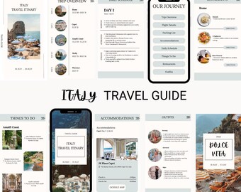 Travel Itinerary Template | Mobile Travel Planner | Editable Italy Travel Guide | Traveling Guide Editable in Canva