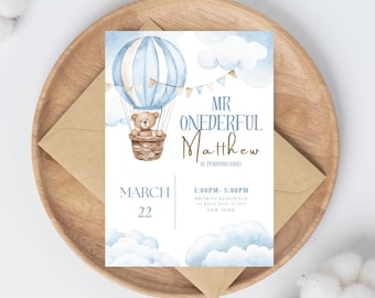 Editable Mr. Onderful Birthday Invitation, Blue Hot Air Balloon Birthday Invite, Boy Mr. Onderful Blue Clouds