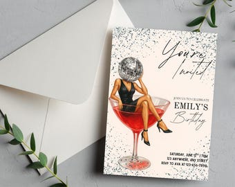 Editable Disco Birthday Invitation Canva Template, Retro Cocktail Glass Invite, Groovy Party Printable, Trendy Disco Ball Girl Invite