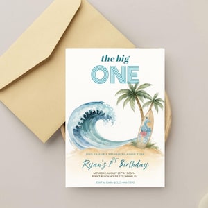 Editable Boy The Big One Surfing 1st Birthday Party Invitation Retro Boy Surf Van Surfboard Beach Party Invite Instant Download