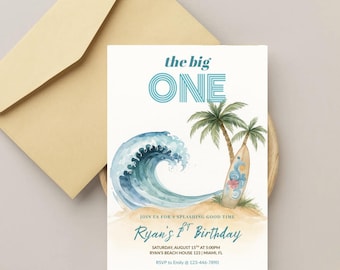 Editable Boy The Big One Surfing 1st Birthday Party Invitation Retro Boy Surf Van Surfboard Beach Party Invite Instant Download