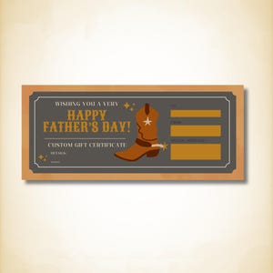 Certificado de regalo para el Día del Padre con temática vaquera • Cupón digital para papá con temática vaquera • Regalo imprimible para él • Tarjeta para el Día del Padre con estilo campestre