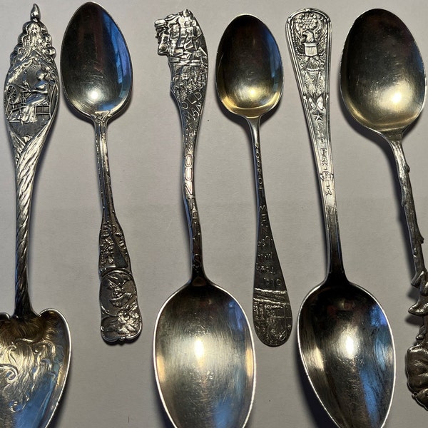 Set 3 - Vintage  6 Different Sterling Silver Souvenir Spoons - Gorham, Pro Patria, Saratoga, July 4th