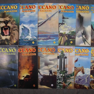 May include: A collection of vintage "Meccano Magazine" covers. The magazines feature colorful illustrations, including a roaring lion, an iceberg, a plane, a train, a seagull, and industrial scenes. The magazine titles are in yellow and blue.