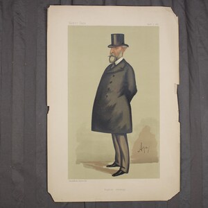 May include: A vintage illustration of a man in a black top hat and coat, holding a pipe. The artwork is a caricature, with the man's hands behind his back. The background is a light green color.