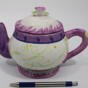 Vintage Pink Purple Ceramic Tea Pot, Retro Kitchen Decor, Unique Tea Kettle, Tea Lover Gift, Floral Tea Pot