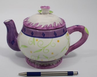 Vintage Pink Purple Ceramic Tea Pot, Retro Kitchen Decor, Unique Tea Kettle, Tea Lover Gift, Floral Tea Pot