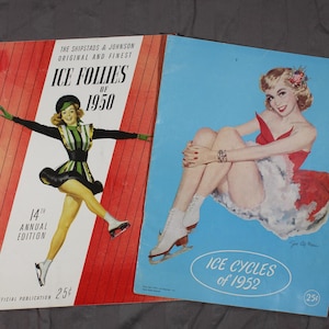 May include: Two vintage Ice Follies programs. The 1950 edition features a skater in a black, green, and white costume against a red and white striped background. The 1952 edition shows a woman in a red dress on a blue background. Both are 25 cents.