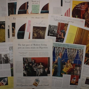 May include: A collection of vintage magazine advertisements, featuring illustrations and text. The ads showcase women in various settings, with text promoting cigarettes. The color palette includes shades of yellow, brown, and blue.