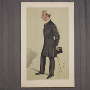 May include: A vintage caricature illustration of a man in a dark suit, holding a cane and a top hat. The artwork features a detailed depiction of the man's face and attire, with a light background.