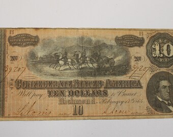 Civil War 1864 Confederate States of America (CSA) Ten Dollar Banknote SN 39207