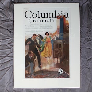 May include: A vintage advertisement for the Columbia Grafonola, featuring a couple dancing in front of a phonograph. The text reads "Columbia Grafonola" and "You can dance till the very last note".