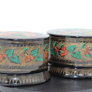Vintage East Asia Round Lacquer Boxes with Hand Painted Floral Design
