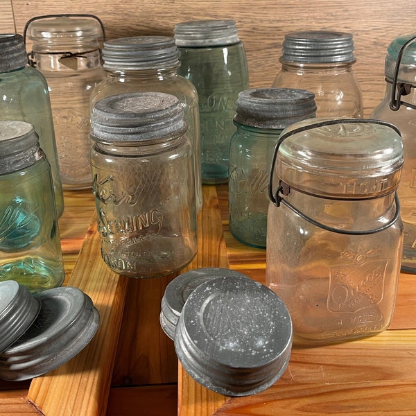 Vintage Zink Lids and Canning Jars - Ball and Kerr and Queen and Chef