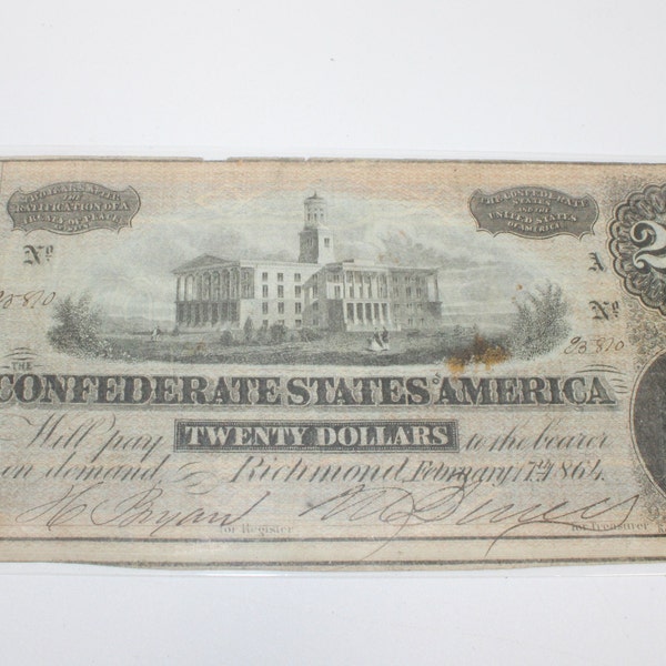 Vintage 1864 Civil War Confederate States of America (CSA) Twenty Dollar Bill - Very Good Condition