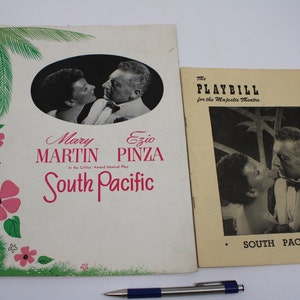 May include: A vintage playbill for the musical South Pacific starring Mary Martin and Ezio Pinza. The playbill features a black and white photo of the two actors in a romantic embrace. The playbill is for the Majestic Theatre.