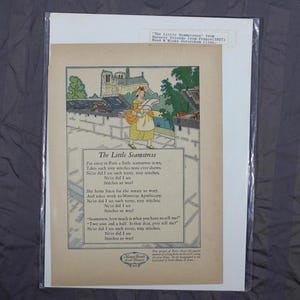 May include: An illustration of a young girl sewing in front of a building. The text reads "The Little Seamstress" and includes a poem about a seamstress who sews tiny stitches. The illustration is in a vintage style with a light blue, yellow, and pink color scheme.