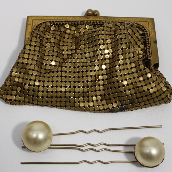 Vintage Gold Tone Lined Small Metal Mesh Purse - Perhaps a Coin Purse - No Markings - Circa 1950's. Also...  Two Hair Pins