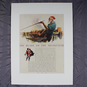 May include: A vintage print advertisement for a brand of cutlery. The image features a blacksmith working on a blade with a red-capped man in the background. The text reads "The Blade of the Musketeer" and describes the cutlery as being made from the finest steel.